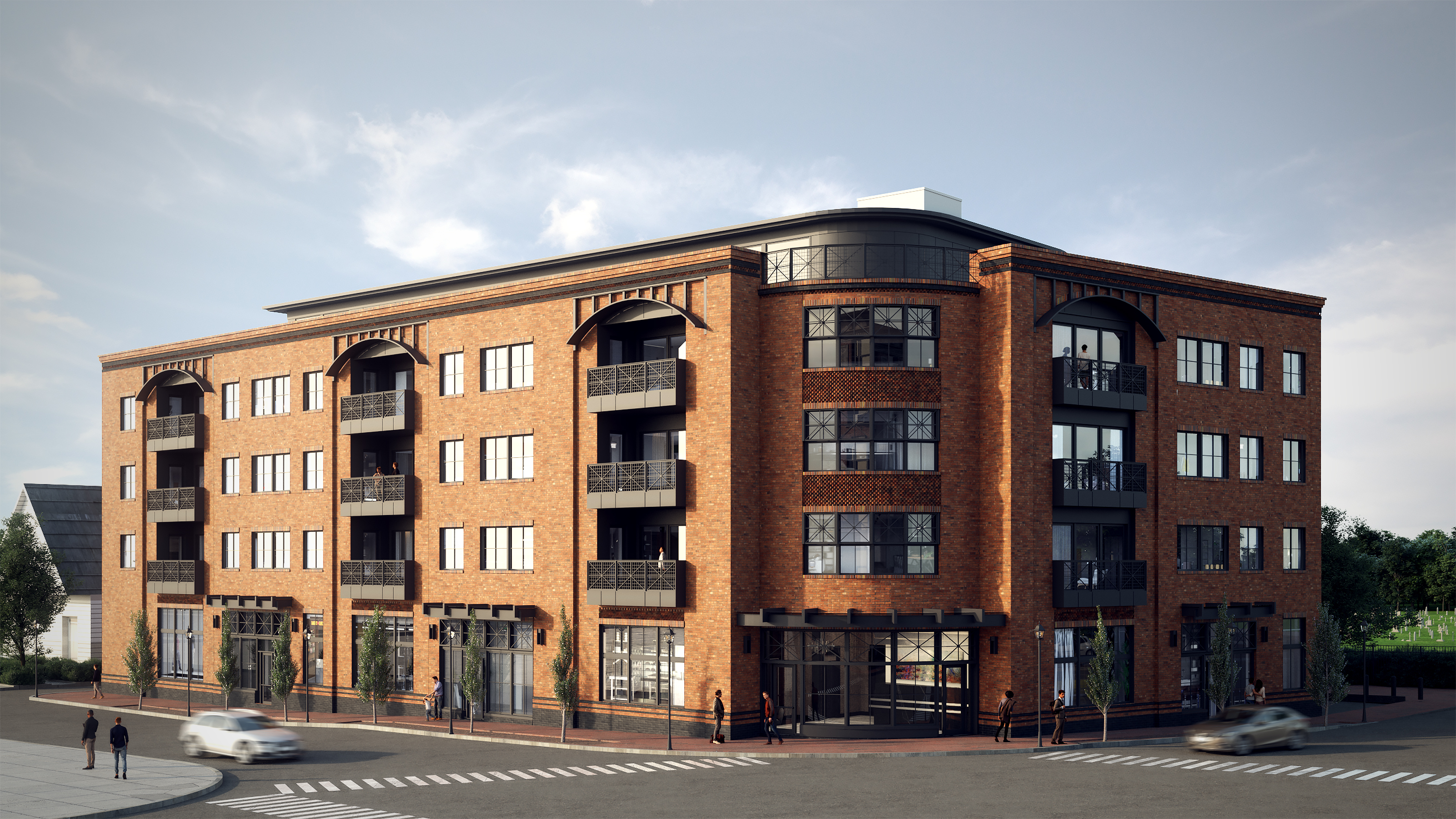 Mixed-use development · Portsmouth — Mixed-use brick exterior, golden hour